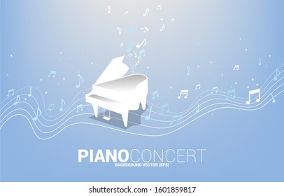 Vector grand piano with music melody note dancing flow. Concept background for song and concert theme.