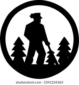 Vector grandfather forester man mushroom picker with stick outline silhouette
