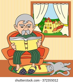 Vector grandfather reading a book