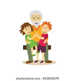 vector grandfather sits on bench with girl boy at his knees hugging them. Flat cartoon isolated illustration on a white background. Adult old grey-haired man embracing kids. Happy family hugs concept