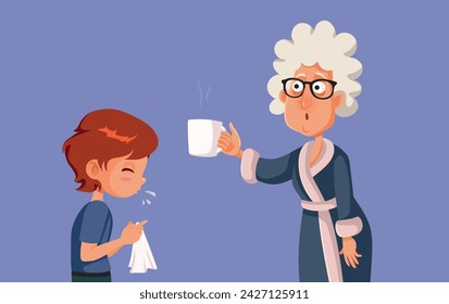 
Vector Grandma Offers Natural Tea Remedy to her Sick Grandchild. Concerned granny trying to cure the influenza symptoms with homeopathic remedies 
