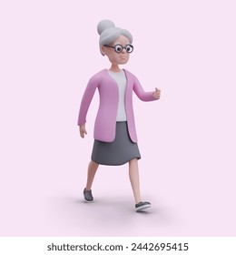 Vector grandmother confidently hurries forward. Elderly woman in glasses walks