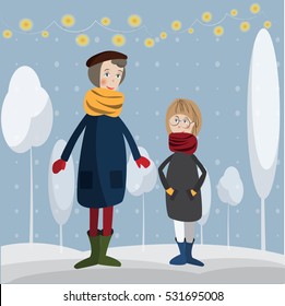 Vector grandmother and granddaughter illustration, Warm and close relationships. Granny walking with girl in winter. Happy family. Funny cartoon characters. Elderly and young person together.
