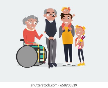 Vector Grandparents and grandchildren flat design illustration. Happy grandparents with their grandchildren. Grandparents' Day illustration. -stock vector
