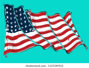 Vector grange Illustration of a 48 Star American waving Flag. This was the USA flag during WWI, WWII and the Korean war. All elements neatly on well defined layers