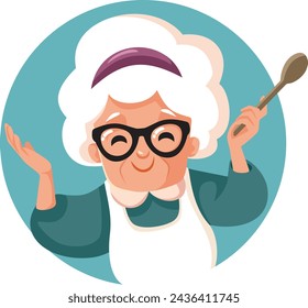 
Vector Granny Cooking Holding a Wooden Spoon Vector Mascot. Cheerful old lady preparing recipe in homemade traditional style 
