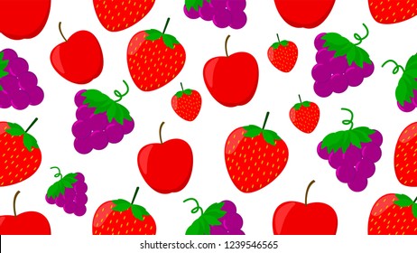 Vector Grape, Apple and Strawberry Tropical Fruits Seamless Pattern on white background vector eps 10 in flat style