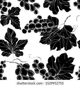 Vector Grape berry healthy food. Black and white engraved ink art. Seamless background pattern. Fabric wallpaper print texture.
