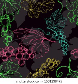 Vector Grape berry healthy food. Black and white engraved ink art. Seamless background pattern. Fabric wallpaper print texture.