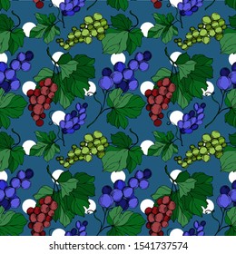 Vector Grape berry healthy food. Black and white engraved ink art. Seamless background pattern. Fabric wallpaper print texture.