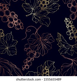 Vector Grape berry healthy food. Black and white engraved ink art. Seamless background pattern. Fabric wallpaper print texture.