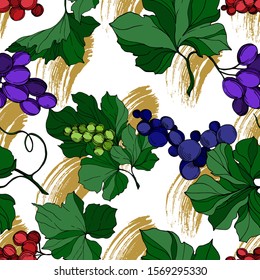 Vector Grape berry healthy food. Black and white engraved ink art. Seamless background pattern. Fabric wallpaper print texture.