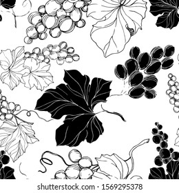 Vector Grape berry healthy food. Black and white engraved ink art. Seamless background pattern. Fabric wallpaper print texture.