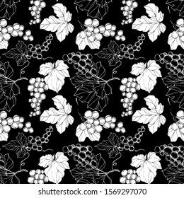Vector Grape berry healthy food. Black and white engraved ink art. Seamless background pattern. Fabric wallpaper print texture.
