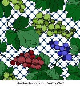 Vector Grape berry healthy food. Black and white engraved ink art. Seamless background pattern. Fabric wallpaper print texture.