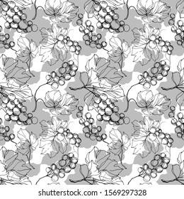 Vector Grape berry healthy food. Black and white engraved ink art. Seamless background pattern. Fabric wallpaper print texture.