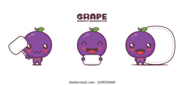 vector grape cartoon illustration, with blank board banner, isolated on a white background.