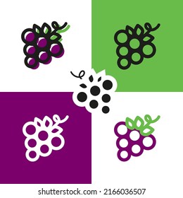Vector grape icon in five different styles and colors. Sweet berries. Logo. Healthy food, vitamins. Vegetarianism, veganism. Purple fruit. The symbol of wine