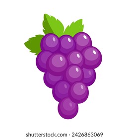Vector grape icon, illustration of purple fruit with leaf isolated of white background, wine grape logo symbol in flat cartoon style