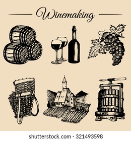 Vector grape infographics with illustrations of winery process. Hand sketched drawings  of vine-making operations elements, producing diagram design.  