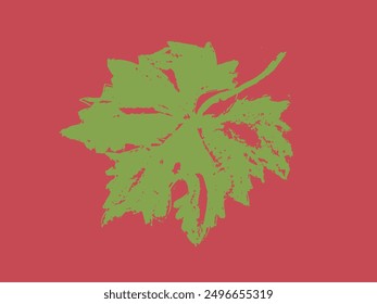 Vector grape leaf sketch in coal hand-drawn graphic style. Retro drawing of green leaf on red wine colored background. Logo design, winery sign, vineyard emblem, alcohol bar symbol. Old-fashioned icon