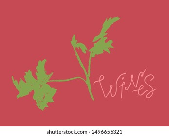 Vector grape leaf sketch in coal hand-drawn graphic style. Retro drawing of green leaf on red wine colored background. Logo design, winery sign, vineyard emblem, alcohol bar symbol. Old-fashioned icon