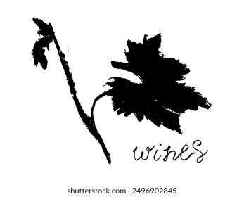 Vector grape leaf sketch in coal hand-drawn graphic style. Retro drawing of black leaf on white background. Logo design, winery sign, vineyard emblem, alcohol bar symbol. Old-fashioned icon.
