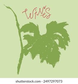Vector grape leaf sketch in coal hand drawn graphic style. Retro drawing of green leaf on light green background. Logo design, winery sign, vineyard emblem, alcohol bar symbol. Old-fashioned icon.