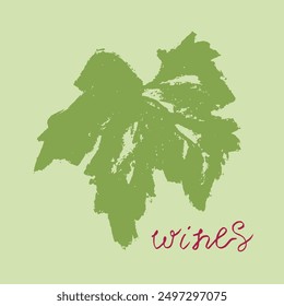 Vector grape leaf sketch in coal hand drawn graphic style. Retro drawing of green leaf on light green background. Logo design, winery sign, vineyard emblem, alcohol bar symbol. Old-fashioned icon.