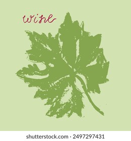 Vector grape leaf sketch in coal hand drawn graphic style. Retro drawing of green leaf on light green background. Logo design, winery sign, vineyard emblem, alcohol bar symbol. Old-fashioned icon.