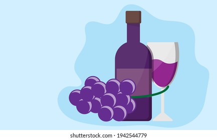 Vector grape and wine flat design concept, bottle, wine cup and related, food and drink concept on blue background.