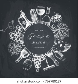 Vector grape wine frame. Hand drawn alcoholic drink template. Bar menu design. Vintage beverages illustration on chalkboard.