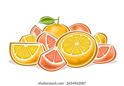 Pila de pomelo de Vector, cartel decorativo Horizontal con diseño de dibujos animados, composición de pomelo refrescante, ilustración de contorno de grupo de piezas picadas y pomelo de rosa entero sobre fondo blanco