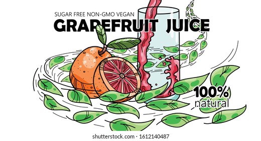 Vector grapefruit juice concept with a glass and a splash. Flying leaves and two fruit, one cut in half with a branch