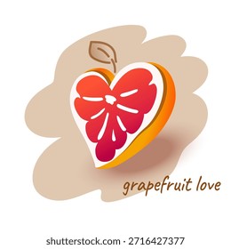 Vector grapefruit in the shape of a heart with the word love. Perfect for greeting cards, posters, packaging, Valentine’s Day, and summer projects.