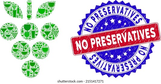 Vector grapes icon wine collage with grunge bicolor No Preservatives seal. Red and blue bicolored seal with grunge surface and No Preservatives phrase. Grapes collage icon is formed with wine glasses,