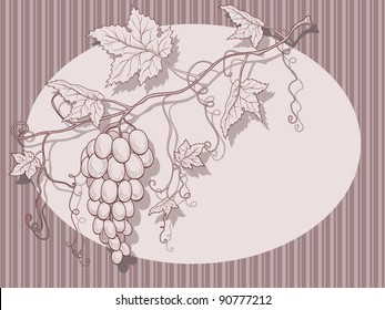 Vector grapes with leaves on a striped background and place for text.