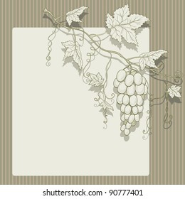 Vector grapes with leaves on a striped background and place for text.