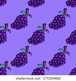 vector grapes and outlines rough brush stroke seamless pattern on violet