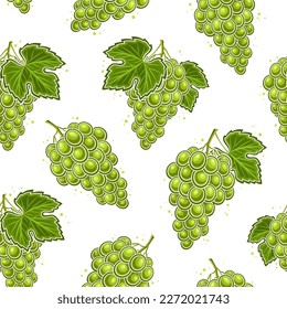Vector Grapes Seamless Pattern, square repeating background with cut out illustration of ripe grape bunches with green leaves for wrapping paper, group of flat lay green grape fruits for home interior