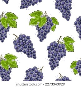 Vector Grapes Seamless Pattern, square repeating background with cut out illustration of ripe grape bunches with green leaves for wrapping paper, group of flat lay black grape fruits for home interior