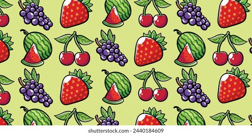 Vector grapes, watermelon, strawberry, cherry fruit set seamless pattern background