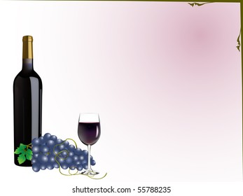 vector grapes, wine bottle and glass illustration
