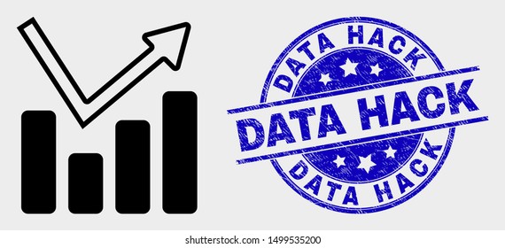 Vector graph chart pictogram and Data Hack seal stamp. Red round grunge seal stamp with Data Hack caption. Vector combination in flat style. Black isolated graph chart pictogram.