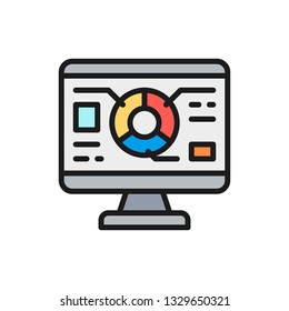 Vector graph diagram in computer browser, programming, seo flat color line icon.