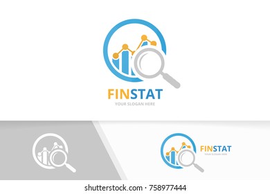 Vector graph and loupe logo combination. Diagram and magnifying symbol or icon. Unique chart and search design template.