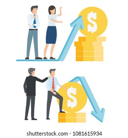 Vector graph showing the rise and fall of prices. Statistics and money account. Gold coin people and woman. Business picture.