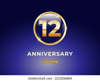 Vector graphic of 12 years golden anniversary logo with round blue glossy button with gold ring frame on dark blue gradient background. Good design for Congratulation celebration event, birthday, etc
