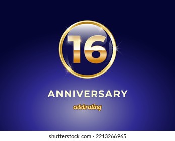 Vector graphic of 16 years golden anniversary logo with round blue glossy button with gold ring frame on dark blue gradient background. Good design for Congratulation celebration event, birthday, etc.