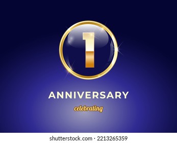 Vector graphic of 1st year golden anniversary logo with round blue glossy button with gold ring frame on dark blue gradient background. Good design for Congratulation celebration event, birthday, etc.